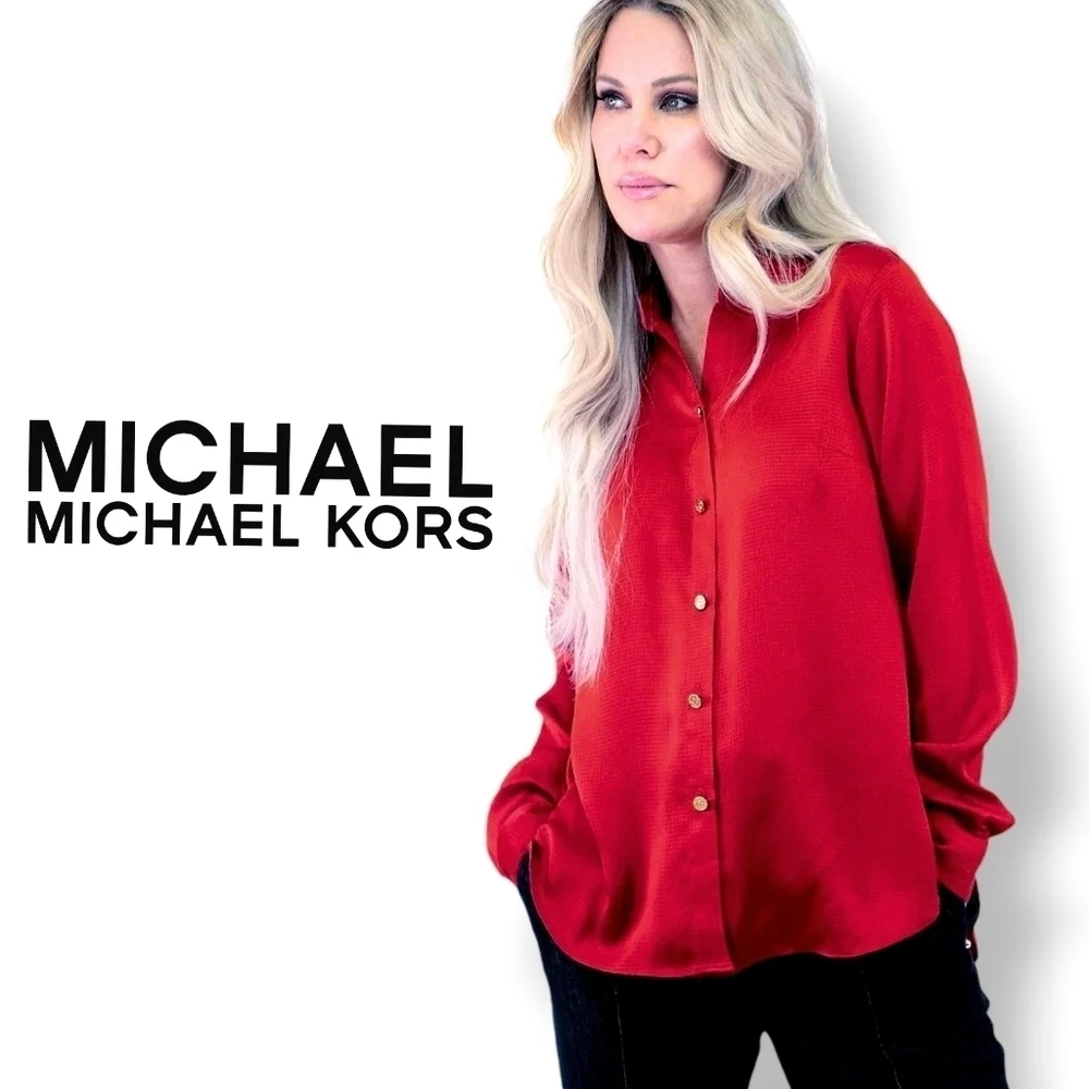 Michael Kors Crimson Button Front Blouse Gold Buttons Long Sleeve L - Picture 1 of 6